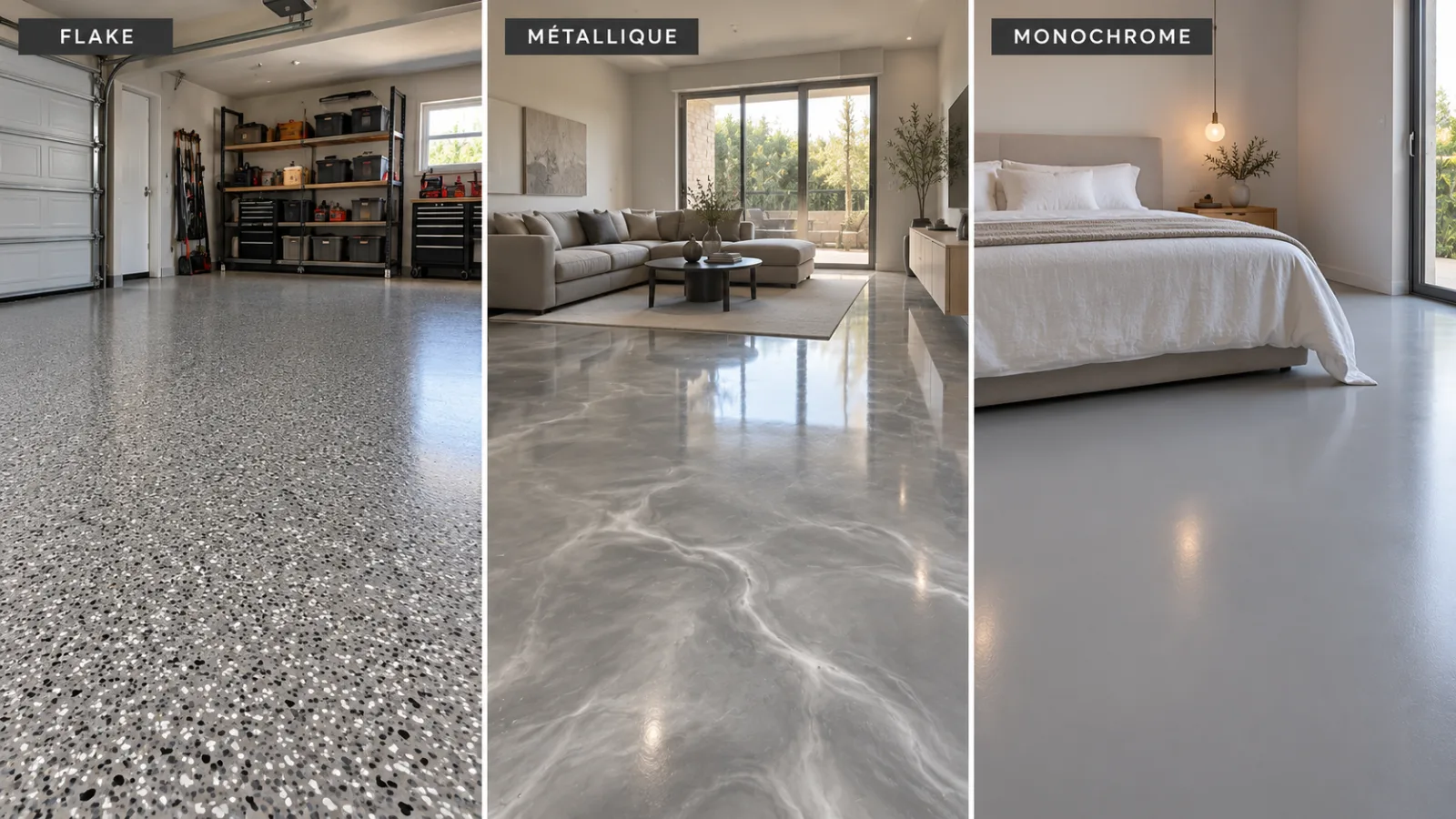 Comparaison de trois sols en résine époxy : flake dans un garage, métallique dans un salon, monochrome dans une chambre